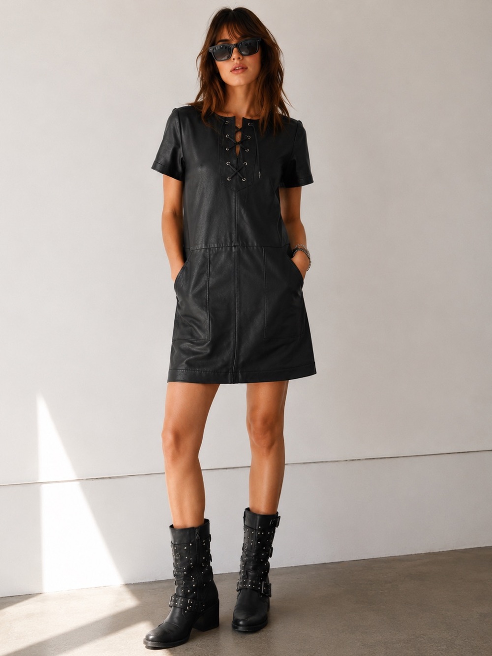 Stella Nova Copenhagen Black Lamb Leather Lace Up Shift Dress | EU 36 US4-6
